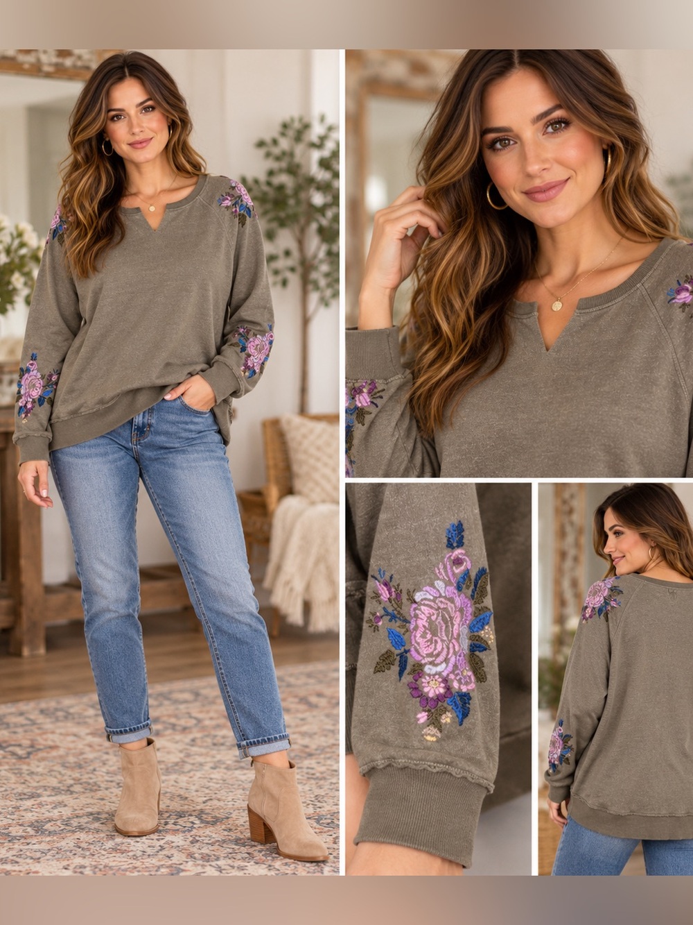 Democracy Olive Green Floral Embroidered Sweatshirt XL Boho Cottagecore